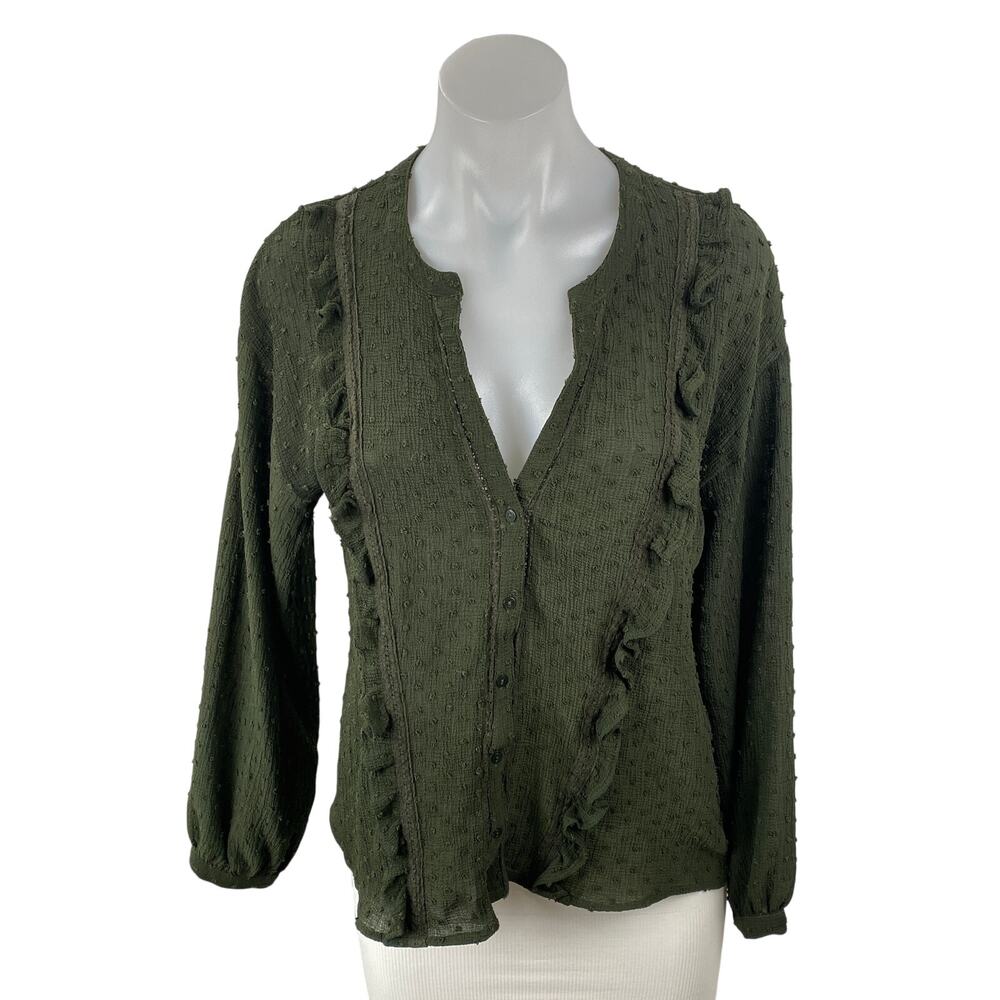 Zara Green Swiss Dots Ruffle V Neck Long Sleeve Button Up Shirt Blouse Top Sz S